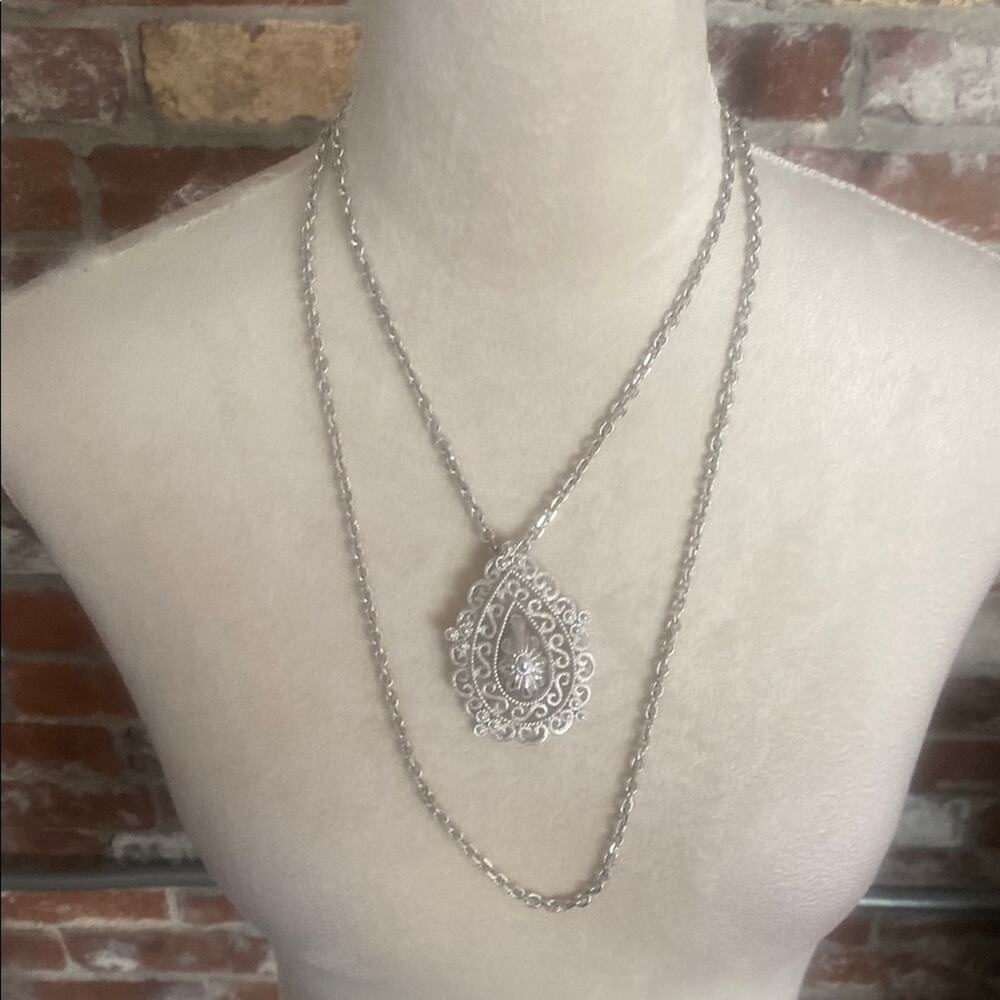 Elegant Silver Double Layered Pendant Necklace